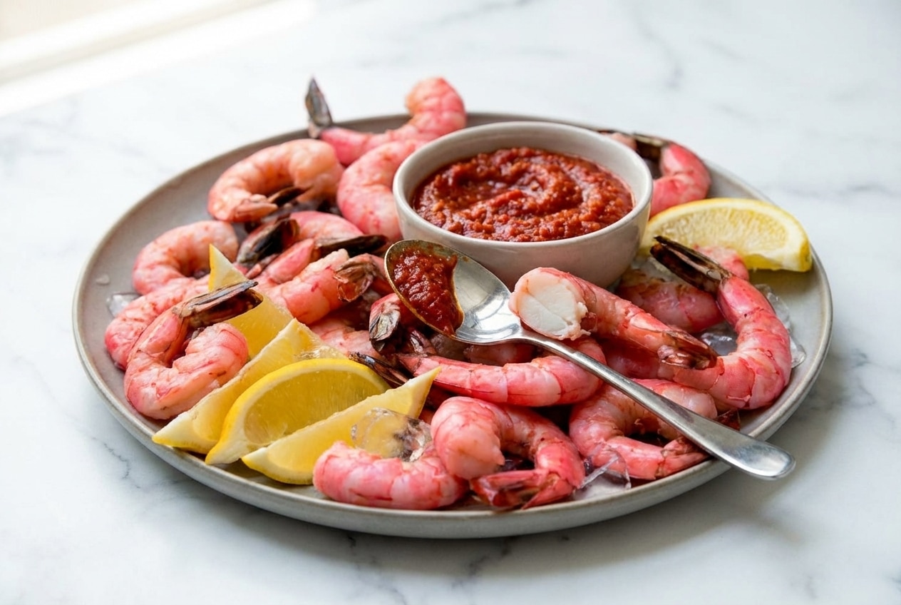 Platter of vibrant red jumbo shrimp cocktail served with a zesty horseradish sauce, showcasing the rich color from the Maillard-Shell Infusion.