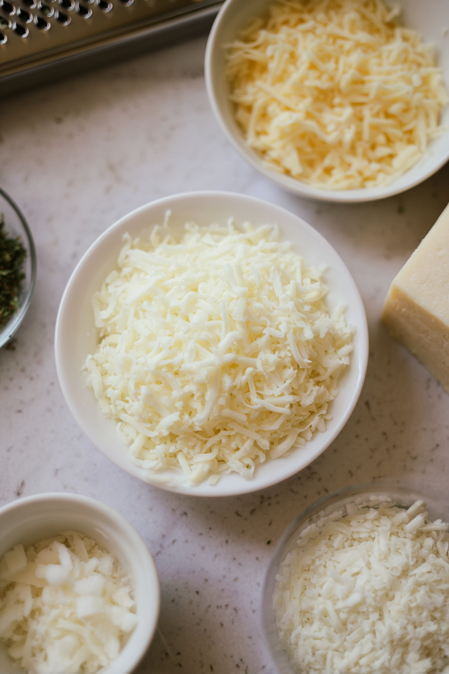 Overhead view of raw ingredients for low carb onion ring chips, including thinly sliced yellow onion and shredded parmesan cheese.