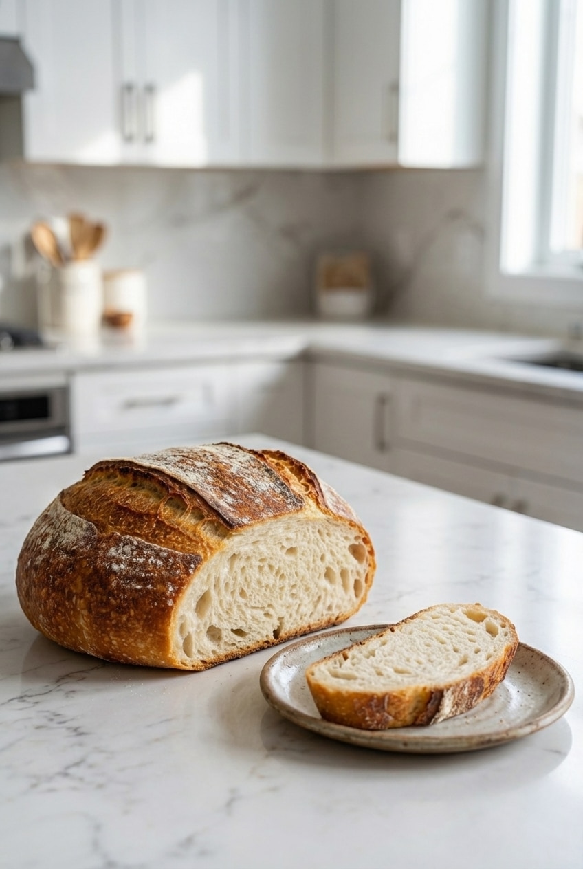 A freshly sliced Artisan Bread loaf resting on a wooden cutting board, revealing its open crumb structure and ready for serving.