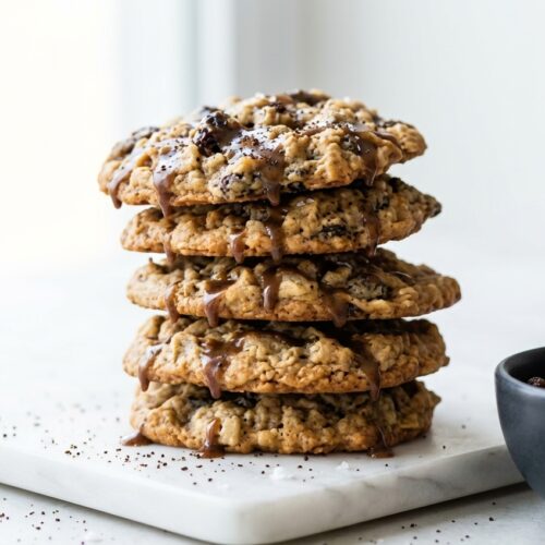 Close-up of golden brown small batch chocolate chip cookies with melted chocolate chunks and a hint of espresso.