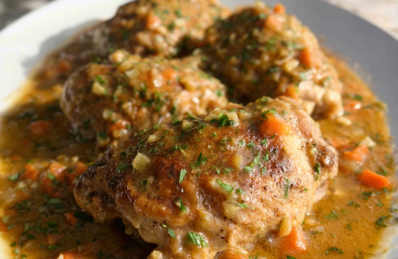 Succulent smothered chicken recipe with a deeply savory gravy, enriched by sautéed tomato paste for a complex, umami flavor.