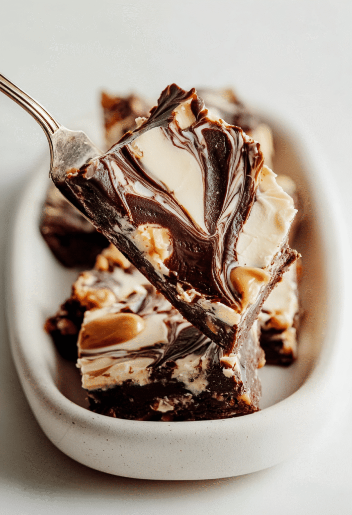Close-up of the textured top surface of snickers date bark with tahini, showing flaky sea salt and chocolate cracks.