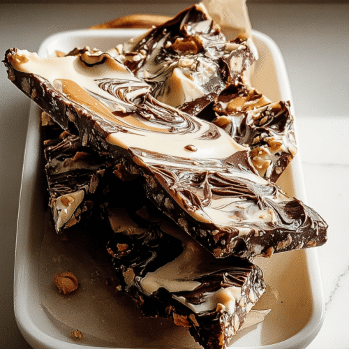 Snickers date bark with tahini, showcasing a thick layer of chocolate and a distinct swirled pattern of dark and light tahini.