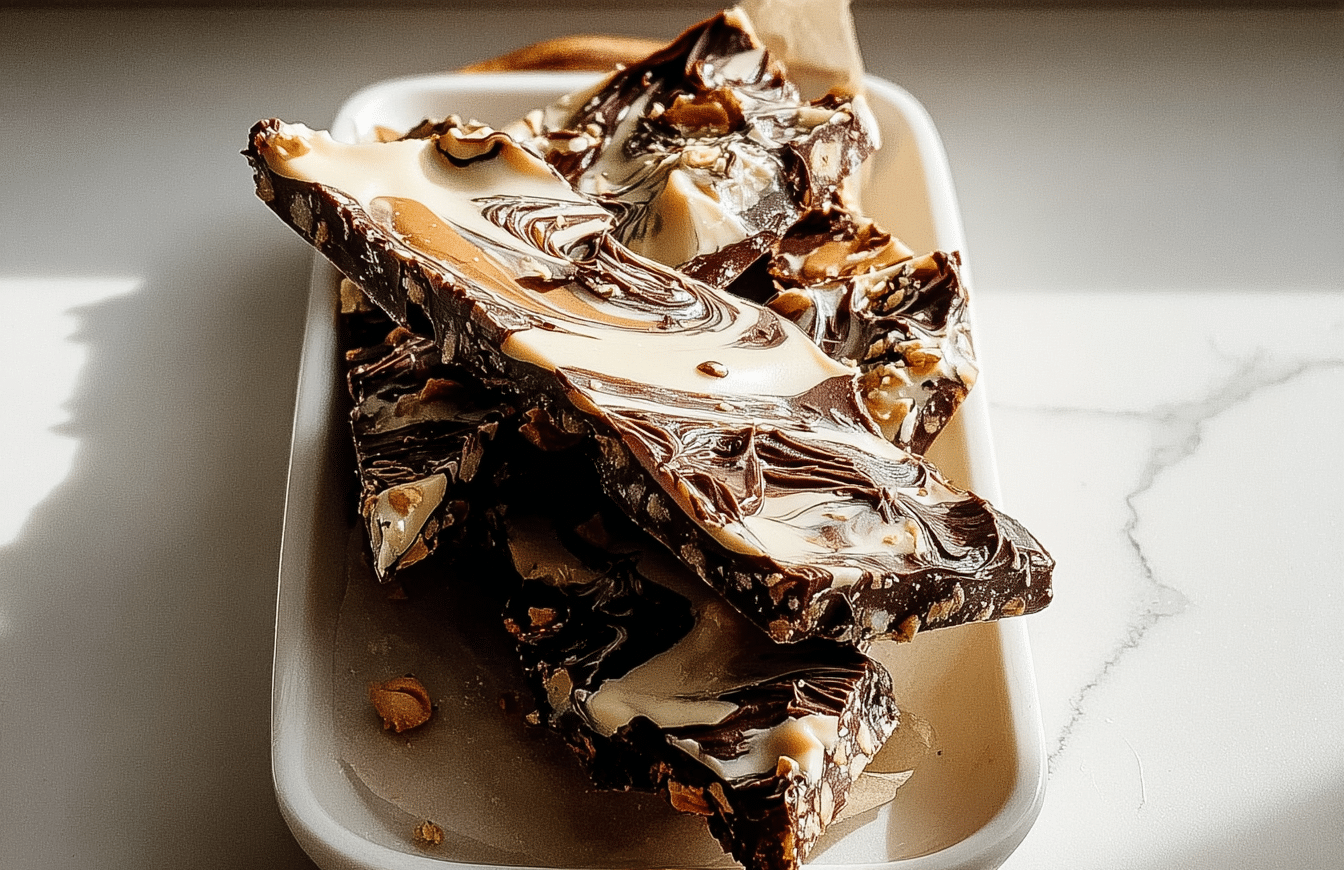 Snickers date bark with tahini, showcasing a thick layer of chocolate and a distinct swirled pattern of dark and light tahini.