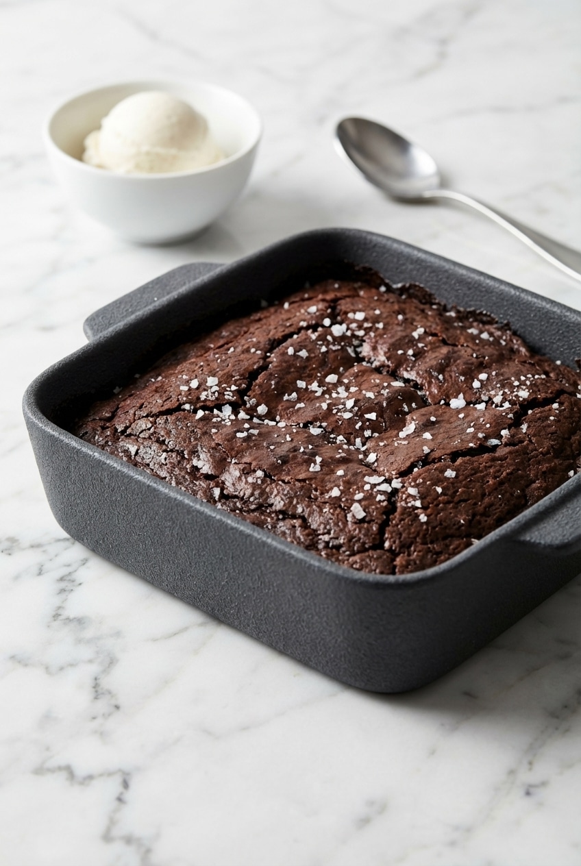 Scoops of warm southern chocolate cobbler with a dollop of vanilla ice cream, ready to be served.