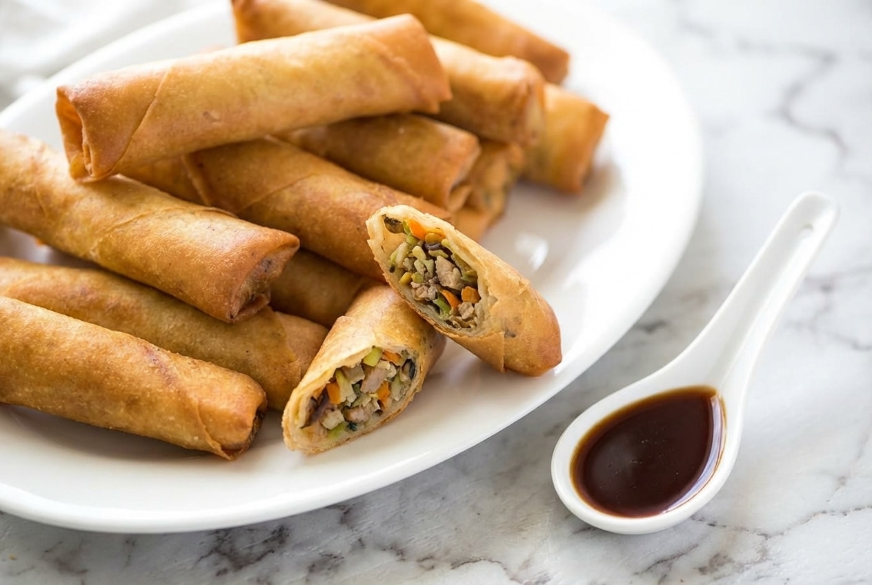 Crispy golden fried spring roll recipe, sealed with an umami-rich shiitake powdered cornstarch slurry, on a wooden board with fresh herbs.