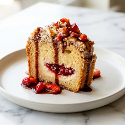 A slice of strawberries and cream coffee cake with roasted strawberry & balsamic concentration visible between layers.