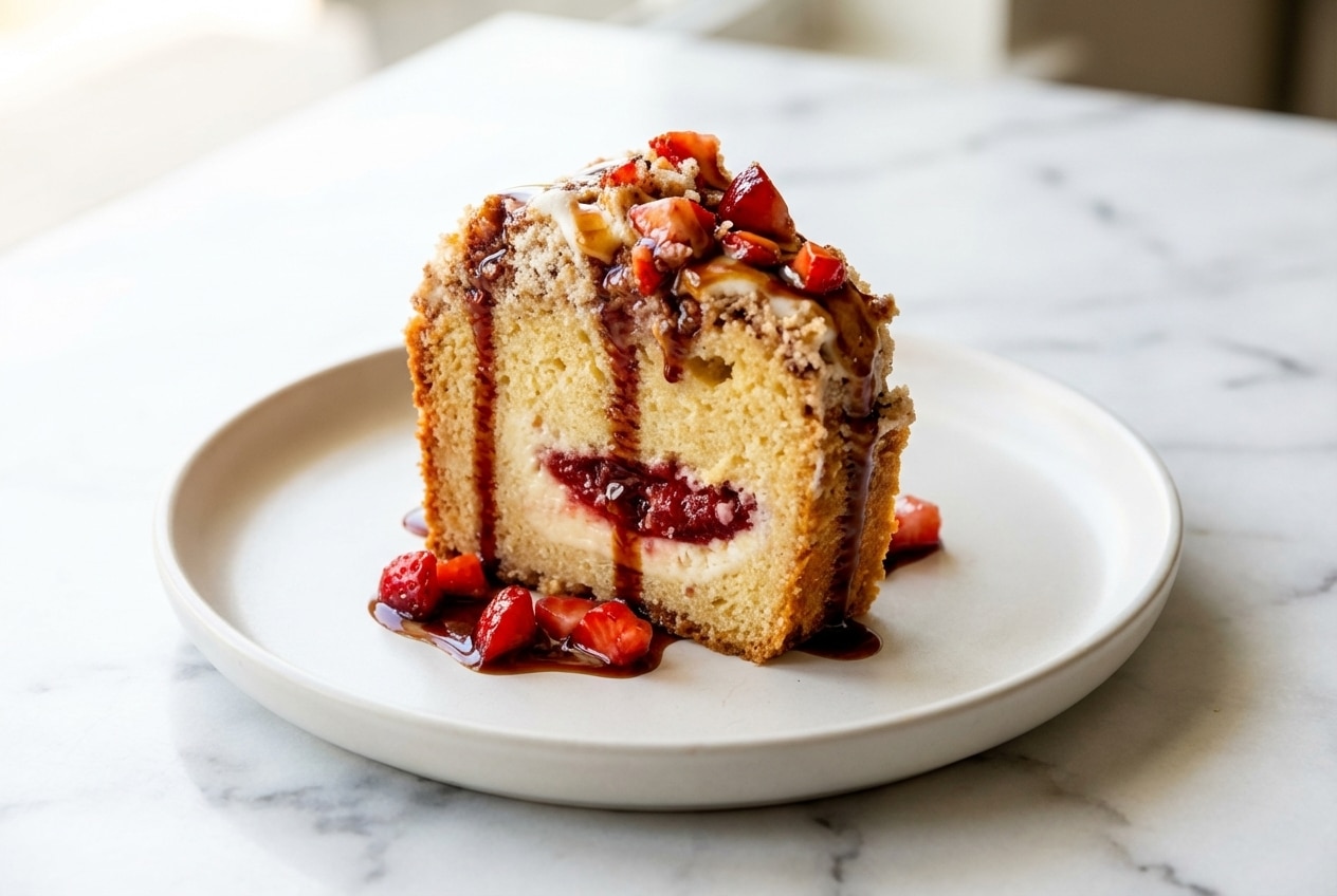 A slice of strawberries and cream coffee cake with roasted strawberry & balsamic concentration visible between layers.