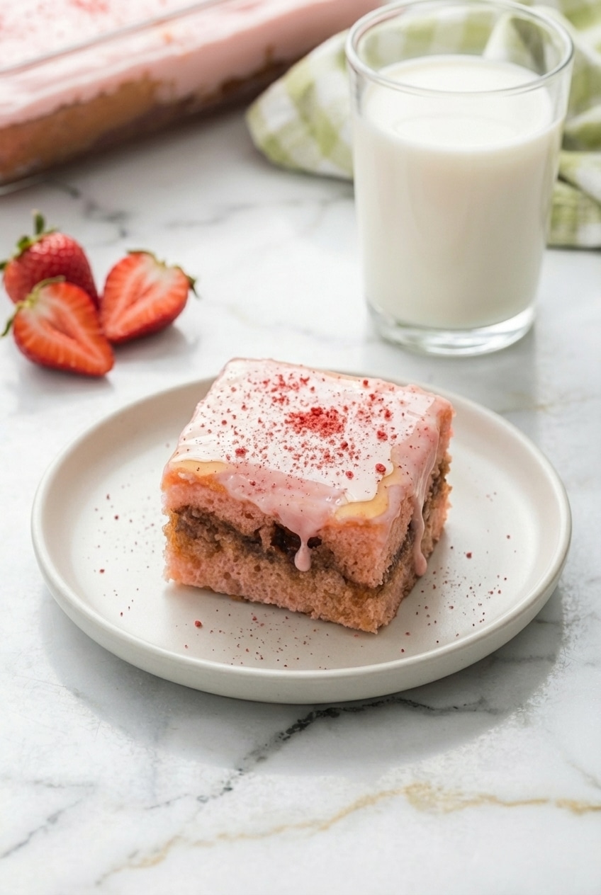 A serving of strawberry honey bun cake on a white plate, ready to be enjoyed, showing the sweet glaze and strawberry dust.