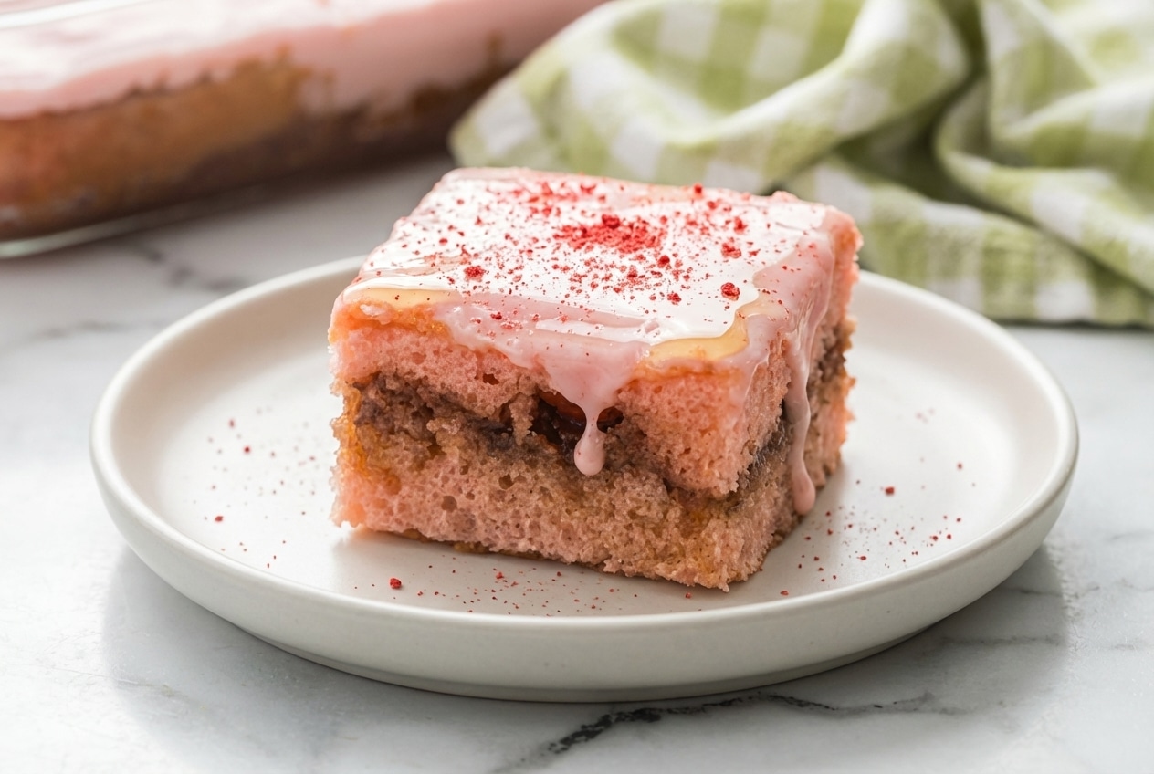 A slice of strawberry honey bun cake topped with a generous real honey infused glaze and bright freeze-dried strawberry dust.