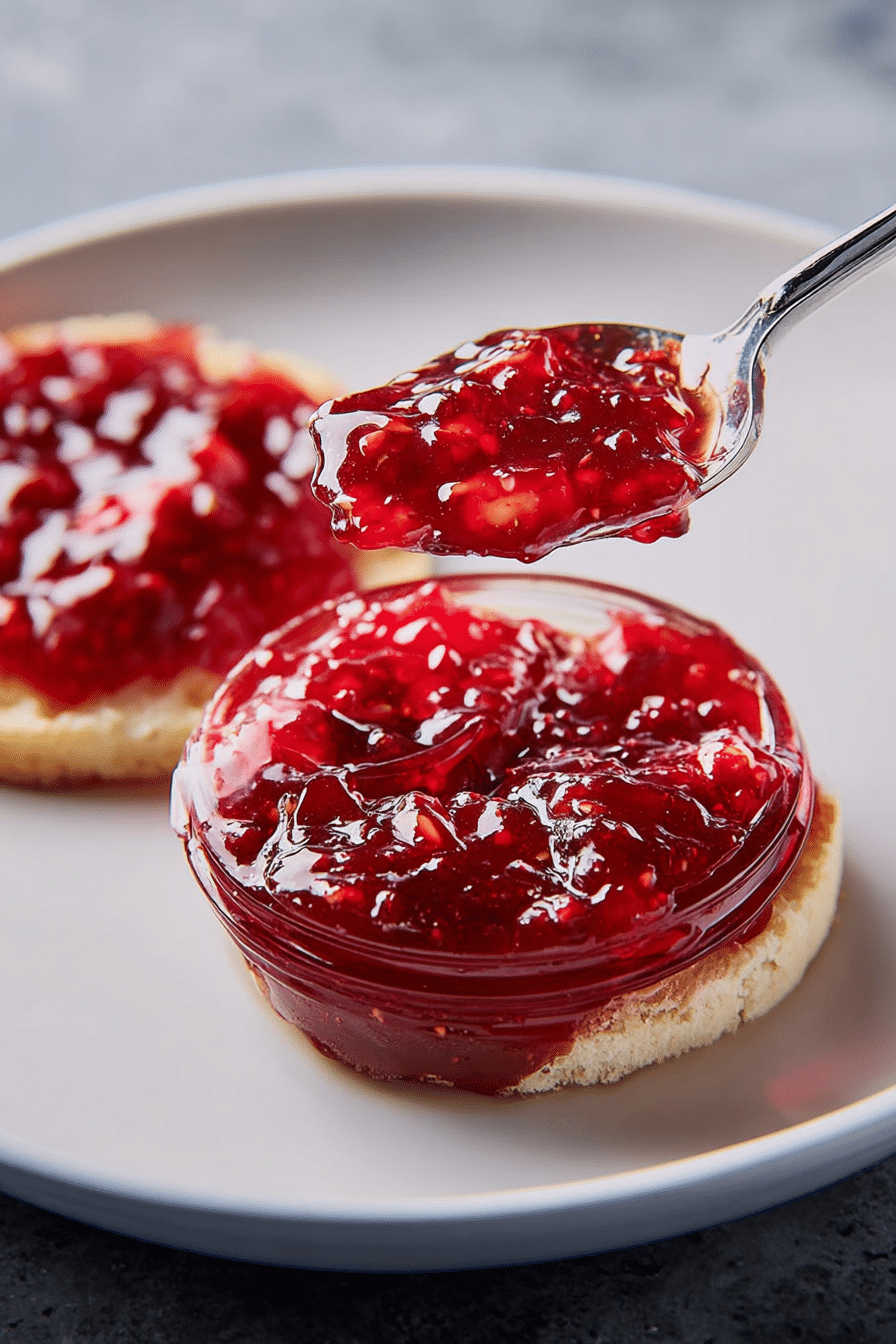 A macro close-up of set strawberry jam showing a glossy surface and suspended fruit pieces, indicating a perfect gel point.