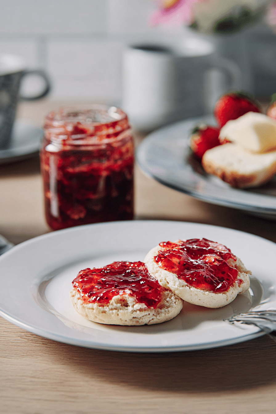 A rustic breakfast scene featuring toast spread with homemade strawberry jam, ready to be enjoyed.
