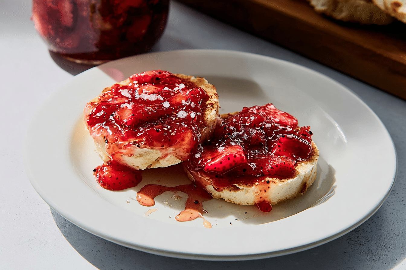 Close-up of a jar of strawberry jam showcasing its vibrant red color and smooth texture, enhanced by 24-hour cold maceration.