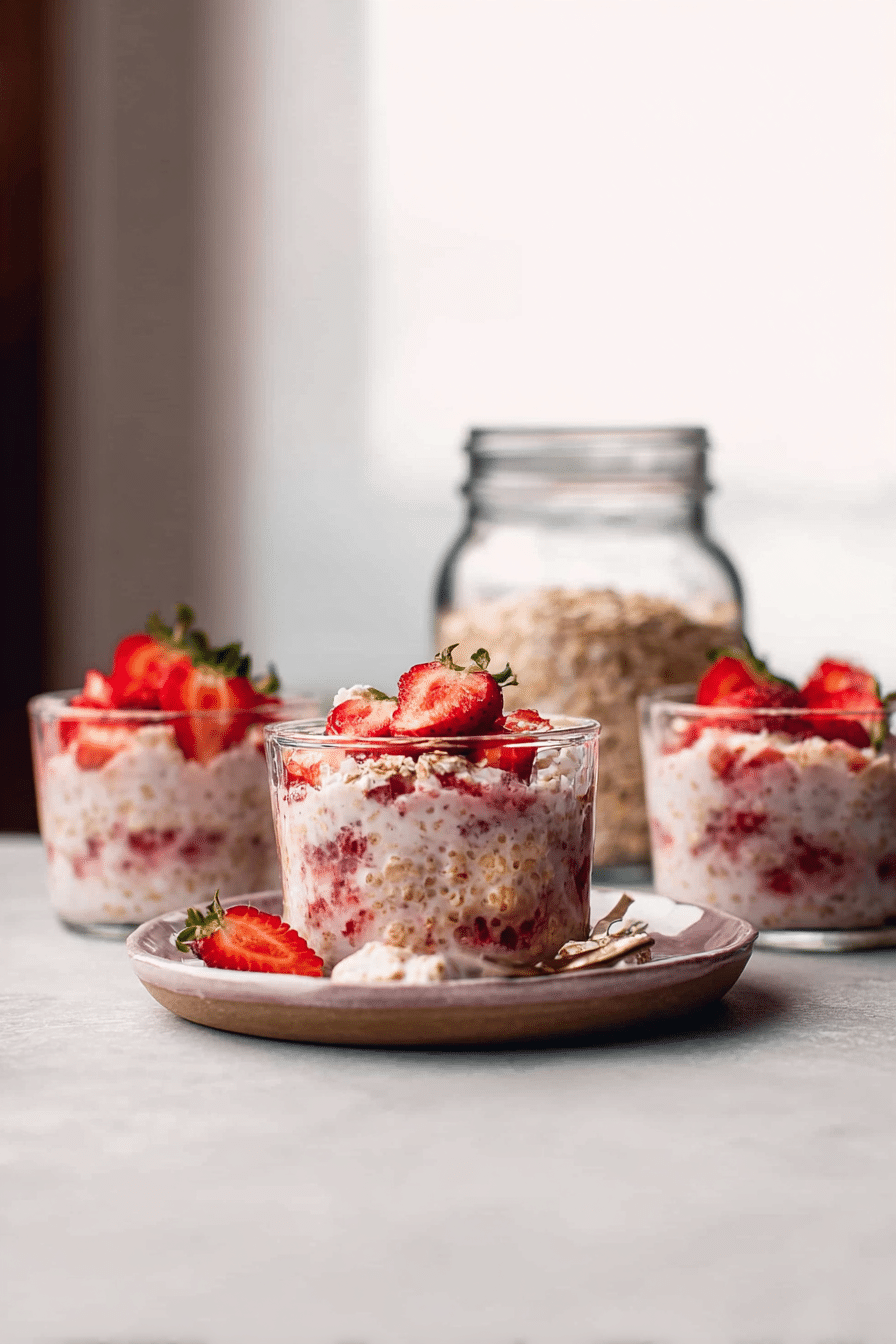 Strawberry shortcake overnight oats served in a charming setting, ready for a relaxed breakfast or brunch.