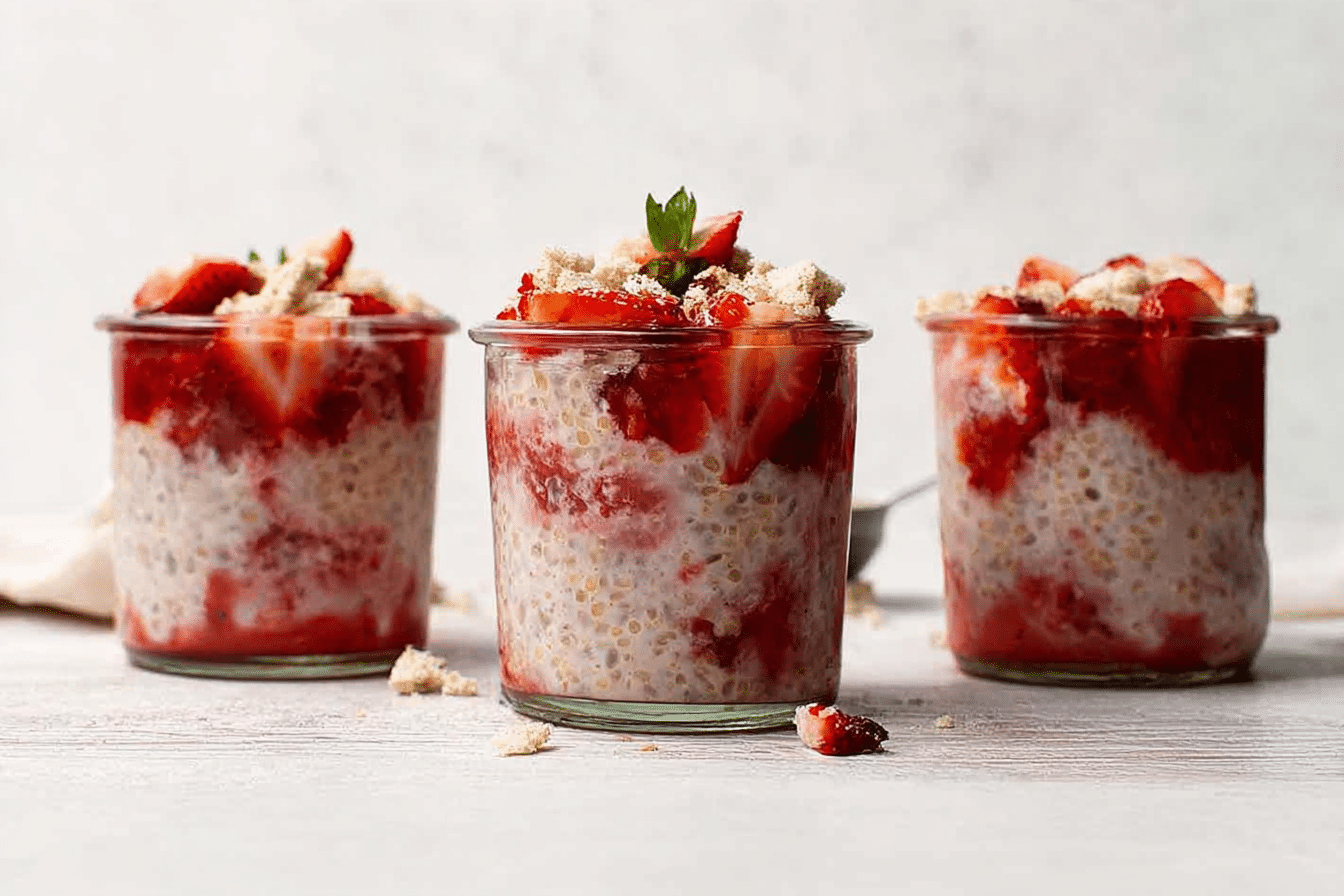 A close-up of fully assembled strawberry shortcake overnight oats in a glass jar, topped with golden, buttery shortcake crumble.