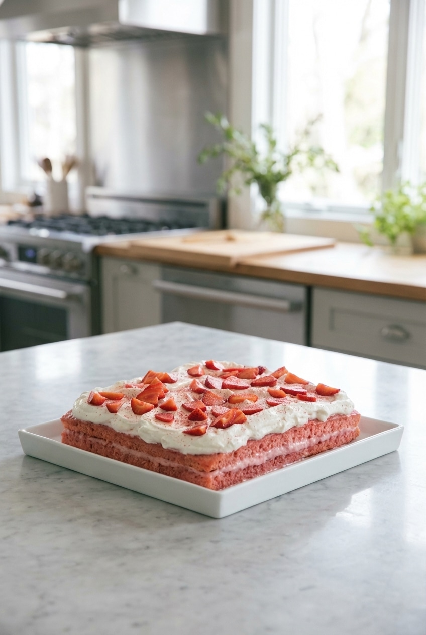 Several slices of strawberry tres leches cake arranged on a serving platter, garnished with fresh strawberries and a dollop of whipped cream.