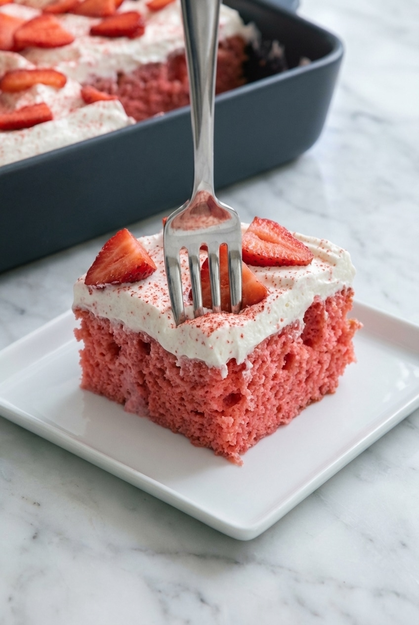 A close-up view of a strawberry tres leches cake showing the uniform, tender crumb of the sponge and the pooled milk mixture at the bottom.