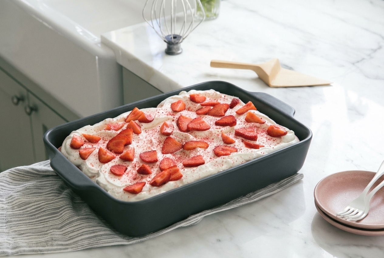 A slice of strawberry tres leches cake stands on a white plate, showcasing its moist texture and a delicate pink hue from the freeze-dried strawberry powder.