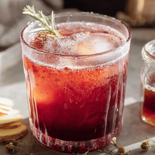 A vibrant red tart cherry mocktail for better sleep, garnished with fresh mint, featuring the unique ginger-chamomile syrup.