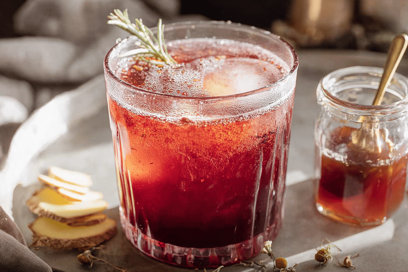 A vibrant red tart cherry mocktail for better sleep, garnished with fresh mint, featuring the unique ginger-chamomile syrup.