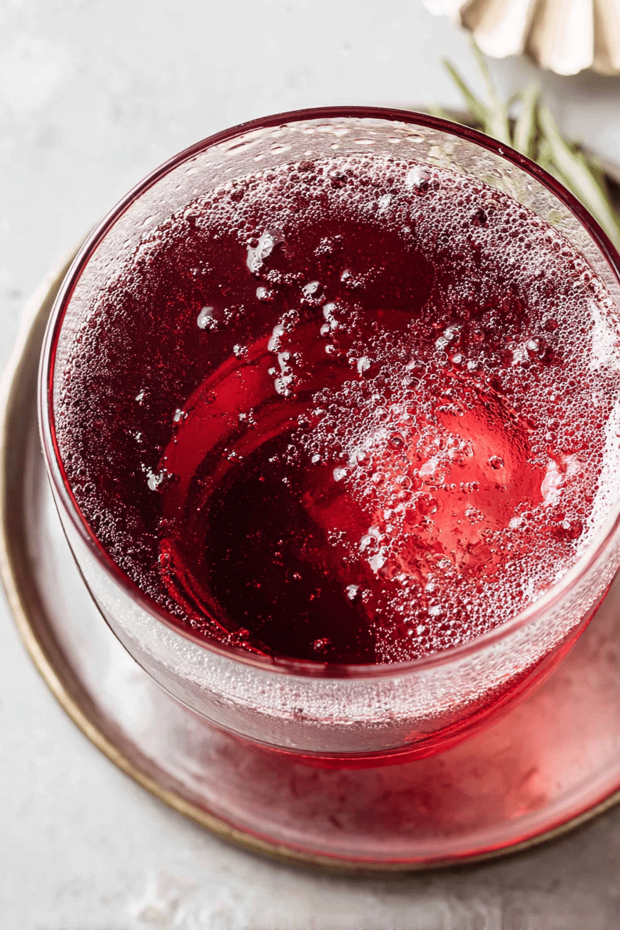 A macro close-up of a sparkling tart cherry mocktail, showcasing the rich red color and tiny bubbles from the concentrated sleep syrup.