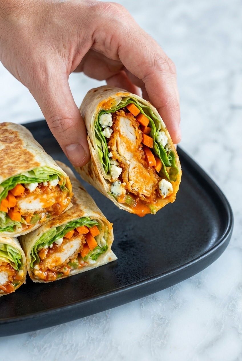 Someone folding a flour tortilla filled with buffalo chicken and blue cheese, preparing buffalo chicken wraps.