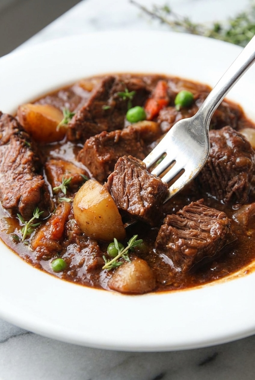 Close-up of tender, fall-apart beef chuck roast in a rich beef stew, demonstrating the gelatinous texture achieved through slow braising.