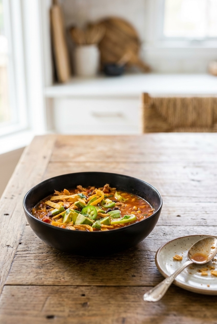A partially assembled tortilla soup recipe showing broth and toppings in separate bowls.