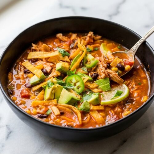 A vibrant bowl of tortilla soup recipe, garnished with avocado and cilantro, showcasing the rich broth infused from bloomed spices.