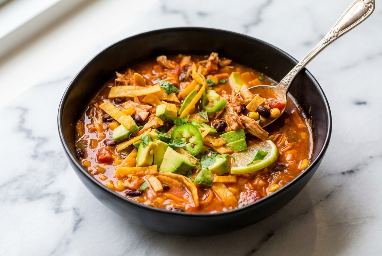 A vibrant bowl of tortilla soup recipe, garnished with avocado and cilantro, showcasing the rich broth infused from bloomed spices.