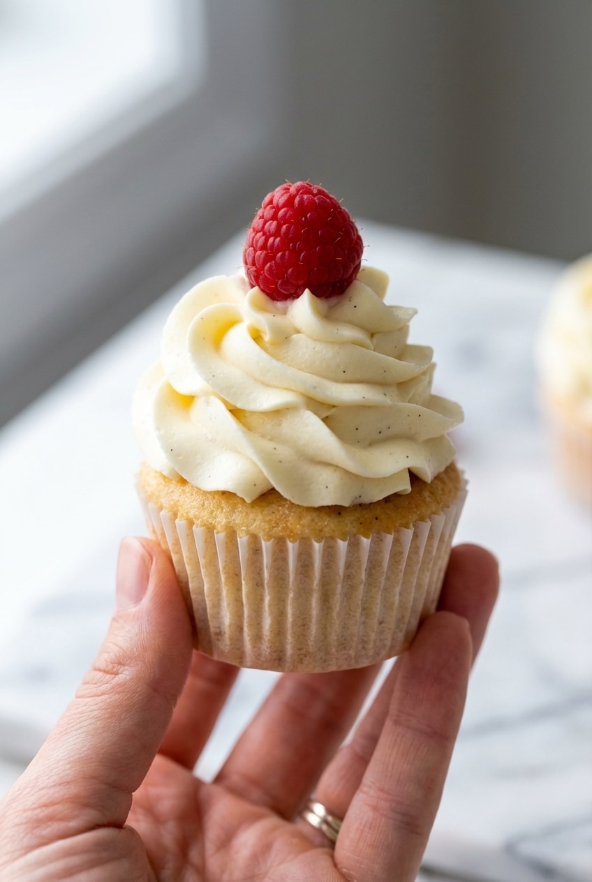 A close-up of a vanilla cupcake showing its delicate crumb structure and fluffy texture, ready for frosting.