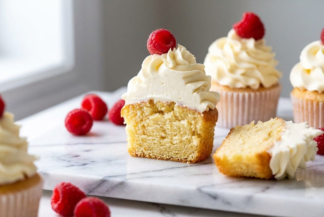 Beautifully baked vanilla cupcake recipe, topped with frosting, showcasing the rich, nutty flavor from brown butter.