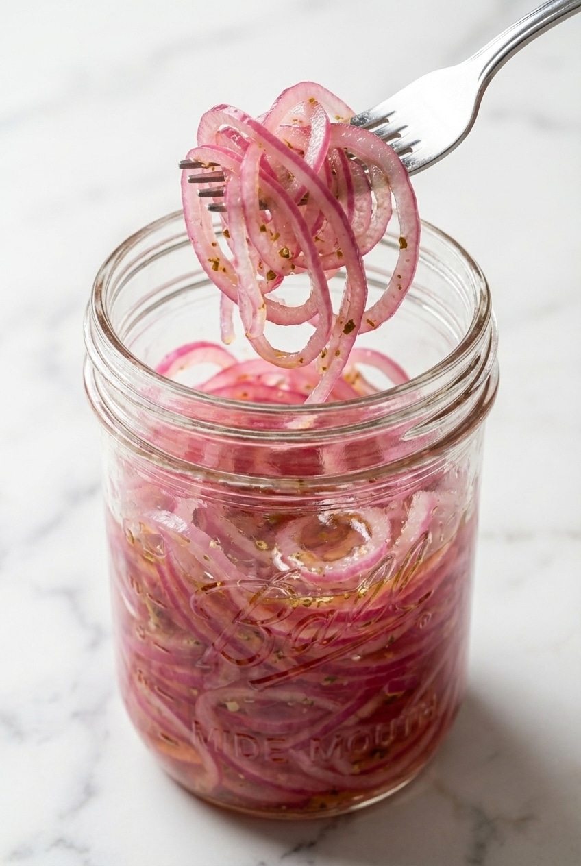 Closeup of vibrant pink cebolla curtida in a mason jar, showcasing even color from anthocyanins.