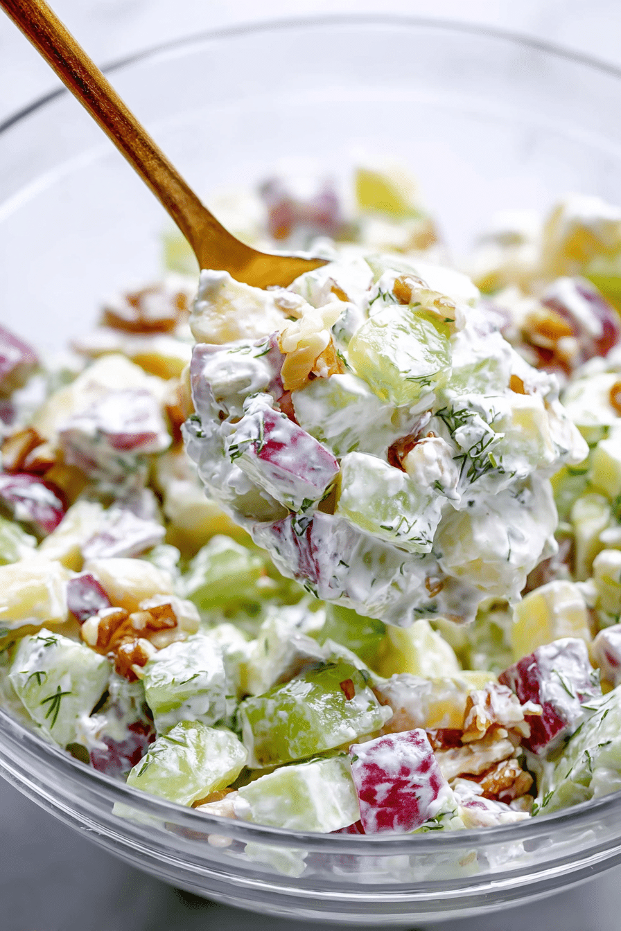 Close-up view of a Waldorf Salad highlighting the distinct textures of crisp apple pieces and tender celery.