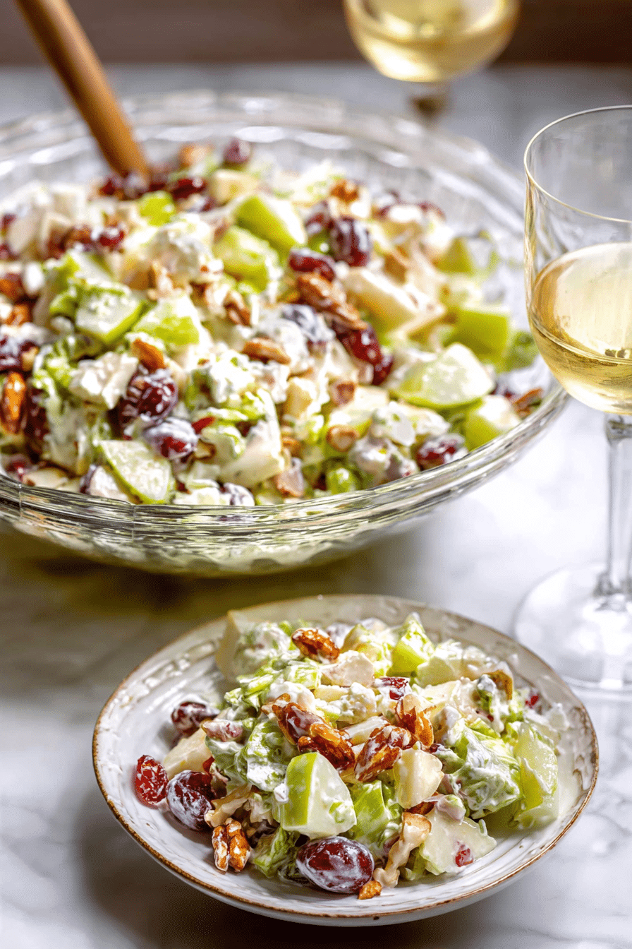 A elegantly plated Waldorf Salad on a dining table, ready to be served at a festive occasion.