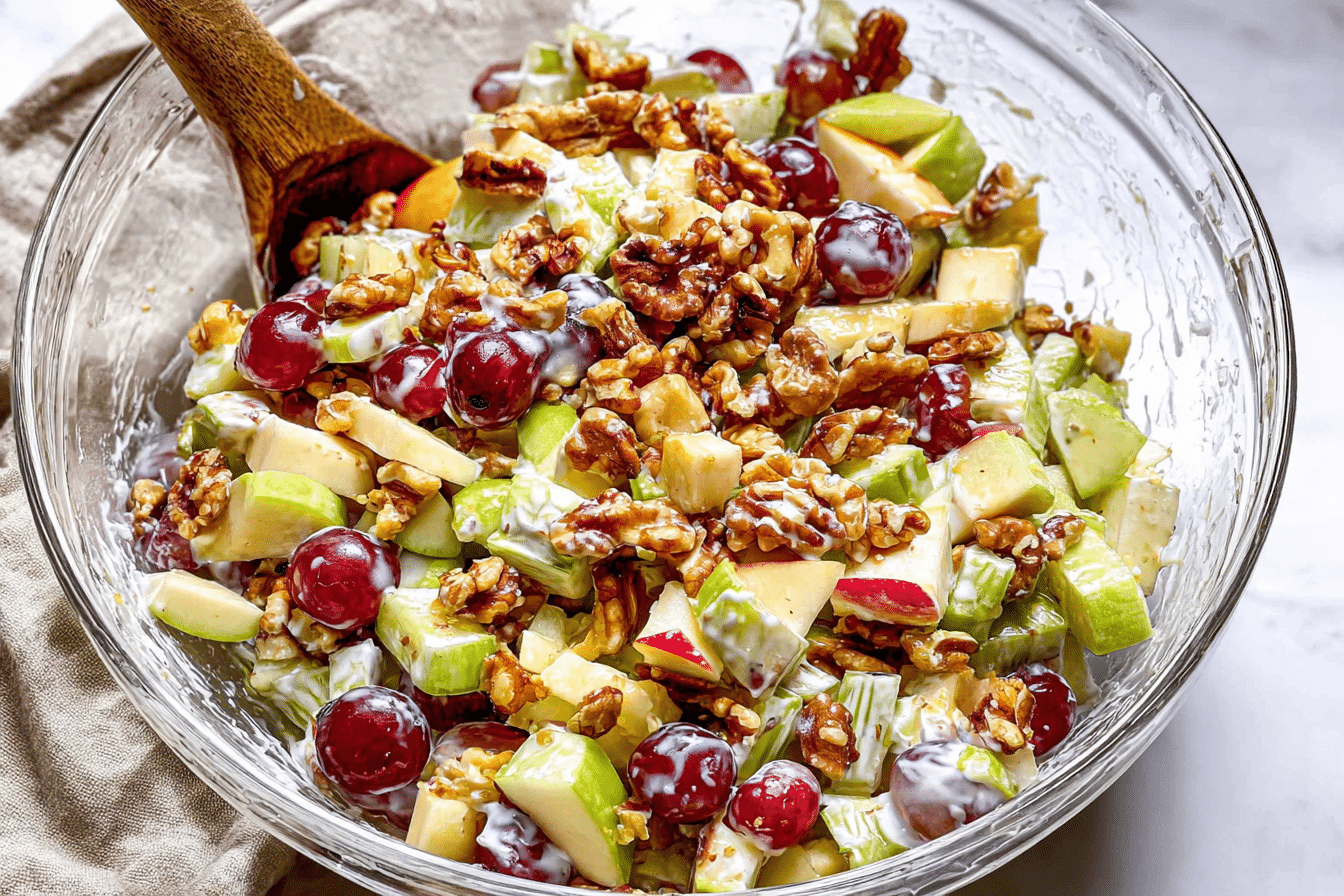 A fresh Waldorf Salad in a clear bowl, with Miso-Maple Glazed Walnuts sprinkled on top, showcasing crisp apples and grapes.