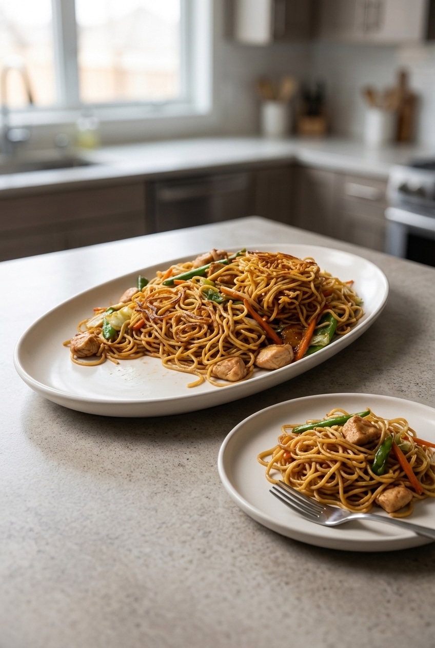 Sizzling chow mein noodles and vegetables cooking in a hot wok, showing the stir-frying technique in action.