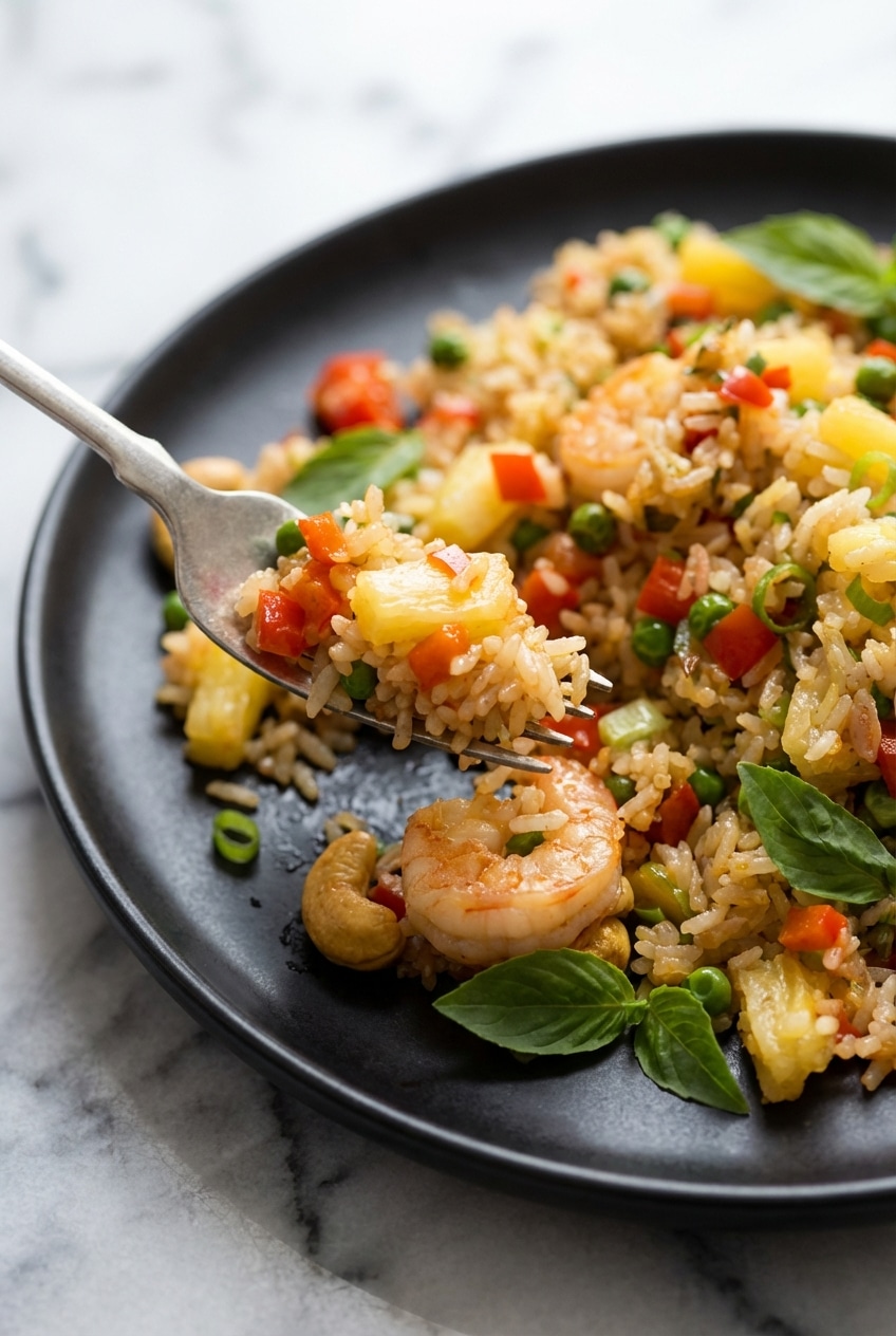 Steam rising from a wok of pineapple fried rice showing perfectly separated, caramelized grains.