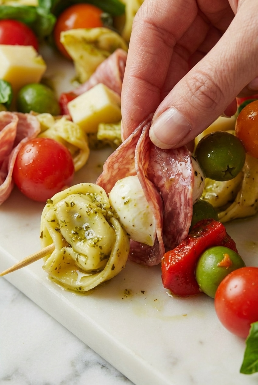 Platter of antipasto skewers arranged on a wooden board with extra Kalamata olives for a party display.