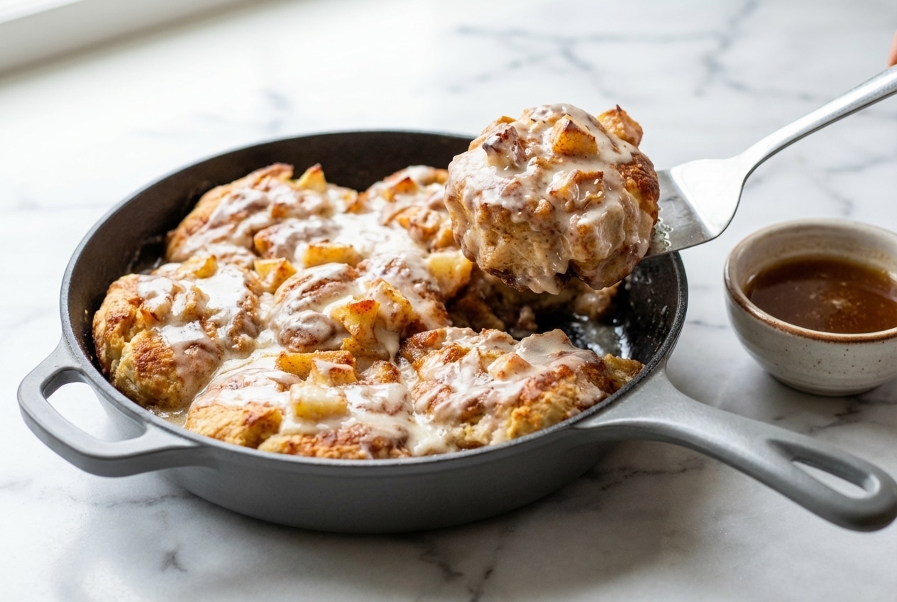 Golden apple pie biscuits in a cast iron skillet with salted maple glaze and brown butter.