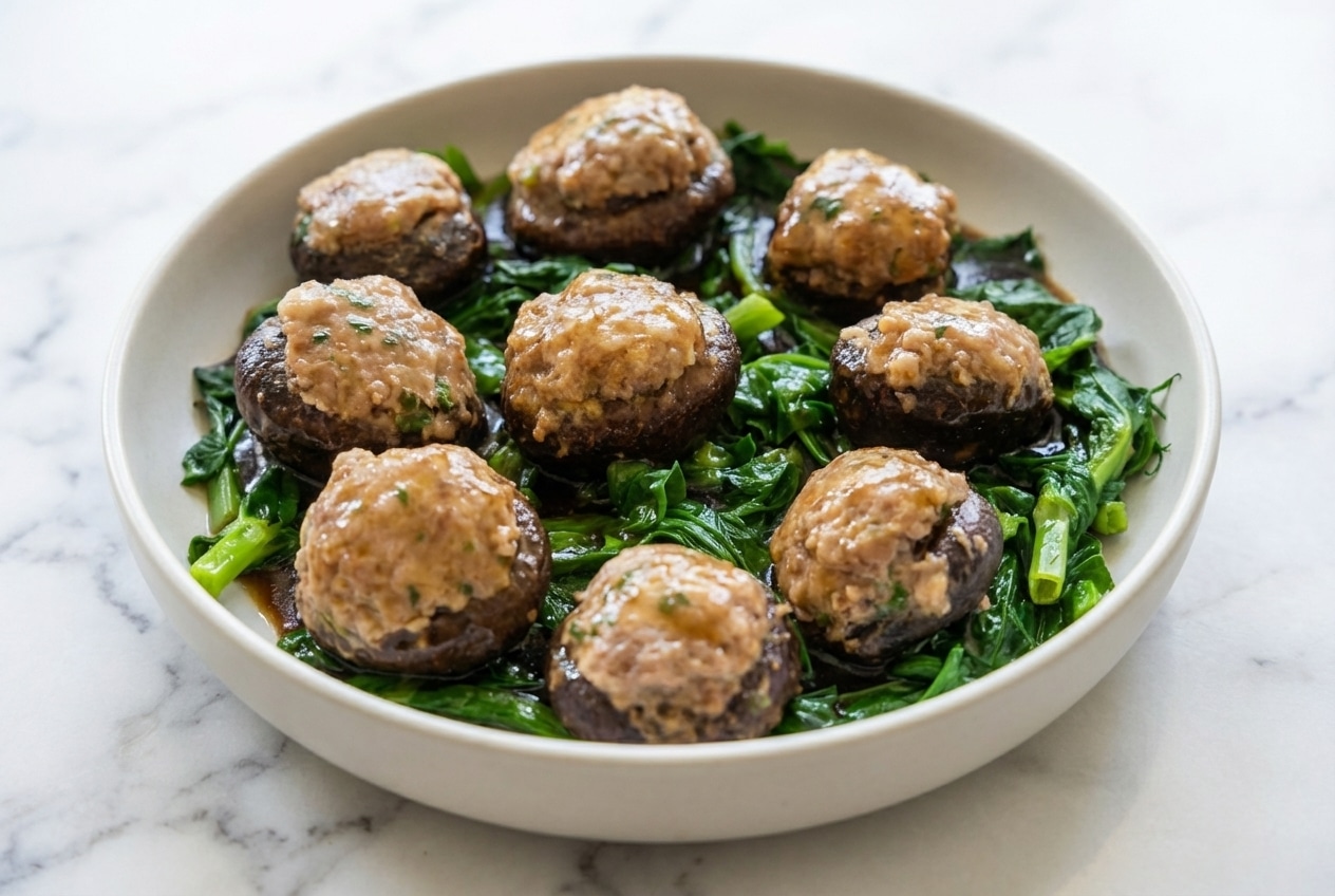 Glazed Asian stuffed mushrooms recipe featuring savory ground pork with crunchy water chestnuts and white pepper.