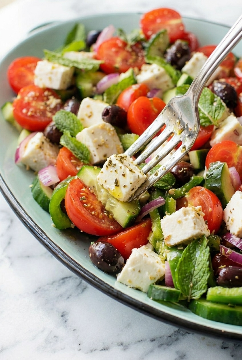 Traditional horiatiki greek salad served in a rustic bowl with dried oregano and extra virgin olive oil.