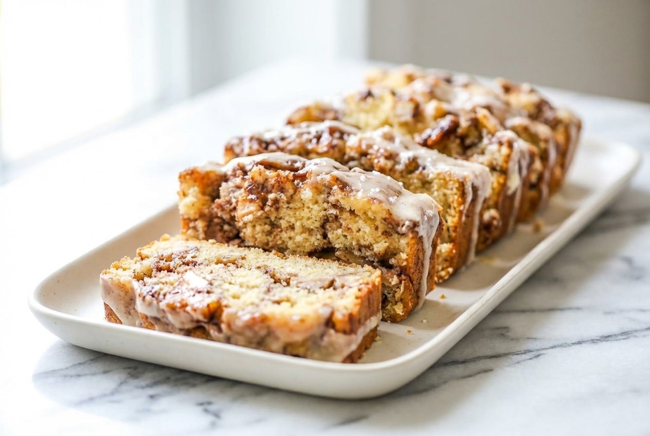 Slices of awesome country apple fritter bread topped with a nutty brown butter and salted maple glaze.