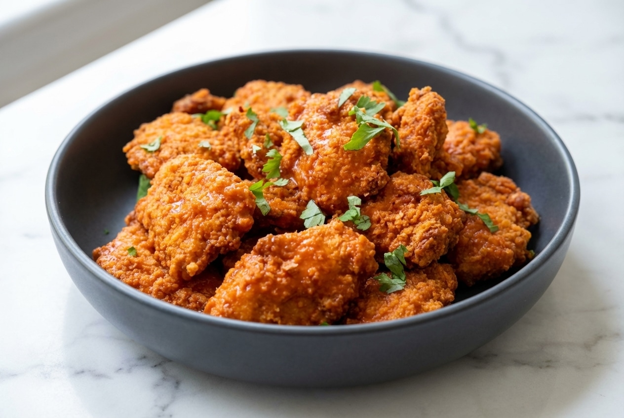 Crispy baked boneless buffalo wings with a cornstarch-dredged coating and spicy red glaze.