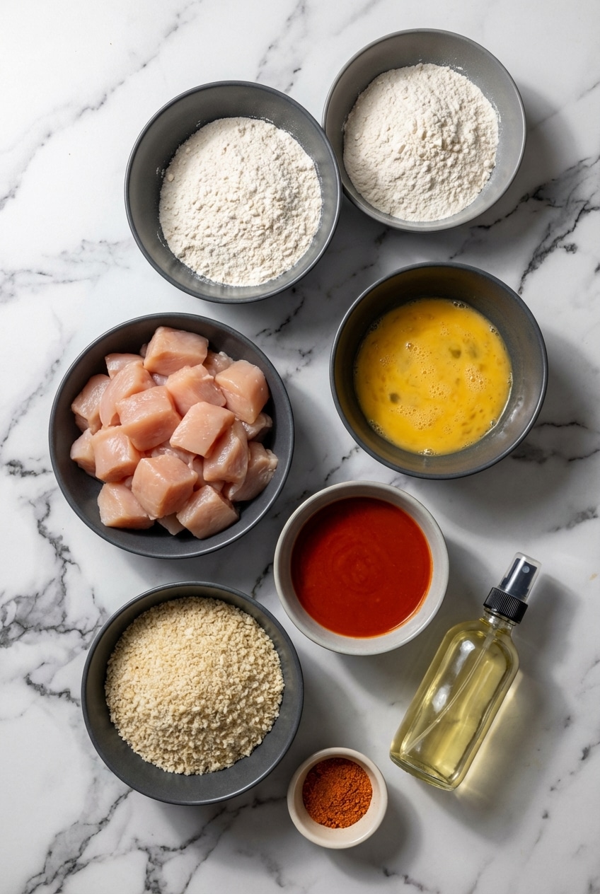 Flat lay of chicken breast, panko breadcrumbs, Frank's Red Hot, and cornstarch for baked boneless buffalo wings.