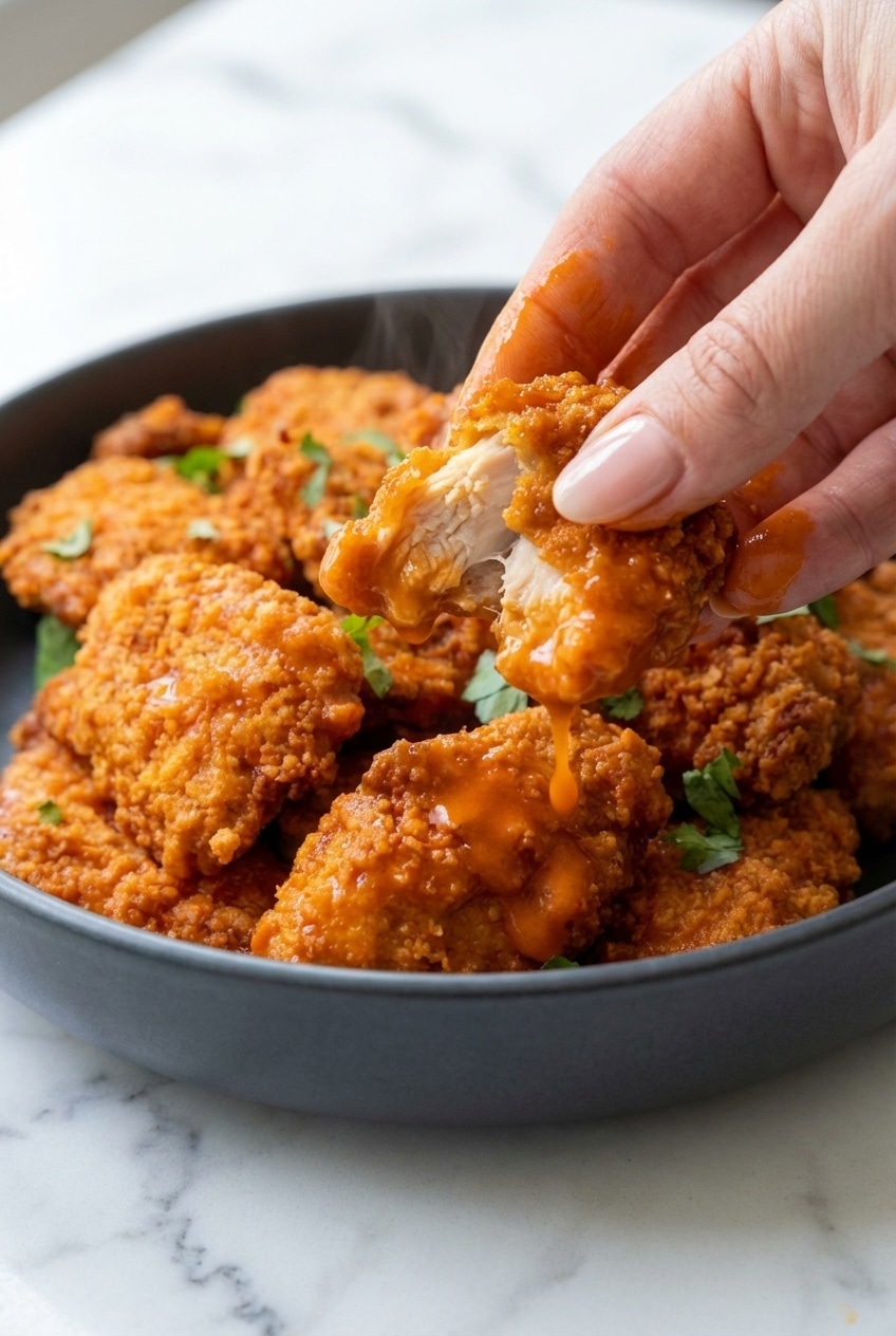 Close-up of the textured coating on baked boneless buffalo wings showing a golden-brown Maillard reaction.