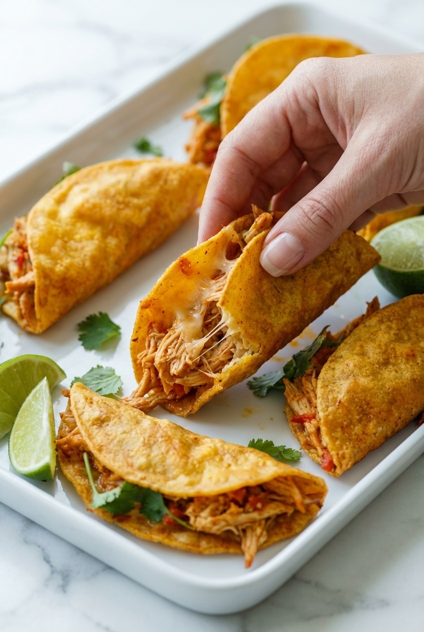 Close-up texture of crunchy baked chicken tacos highlighting the toasted corn tortilla edges and melted cheese.