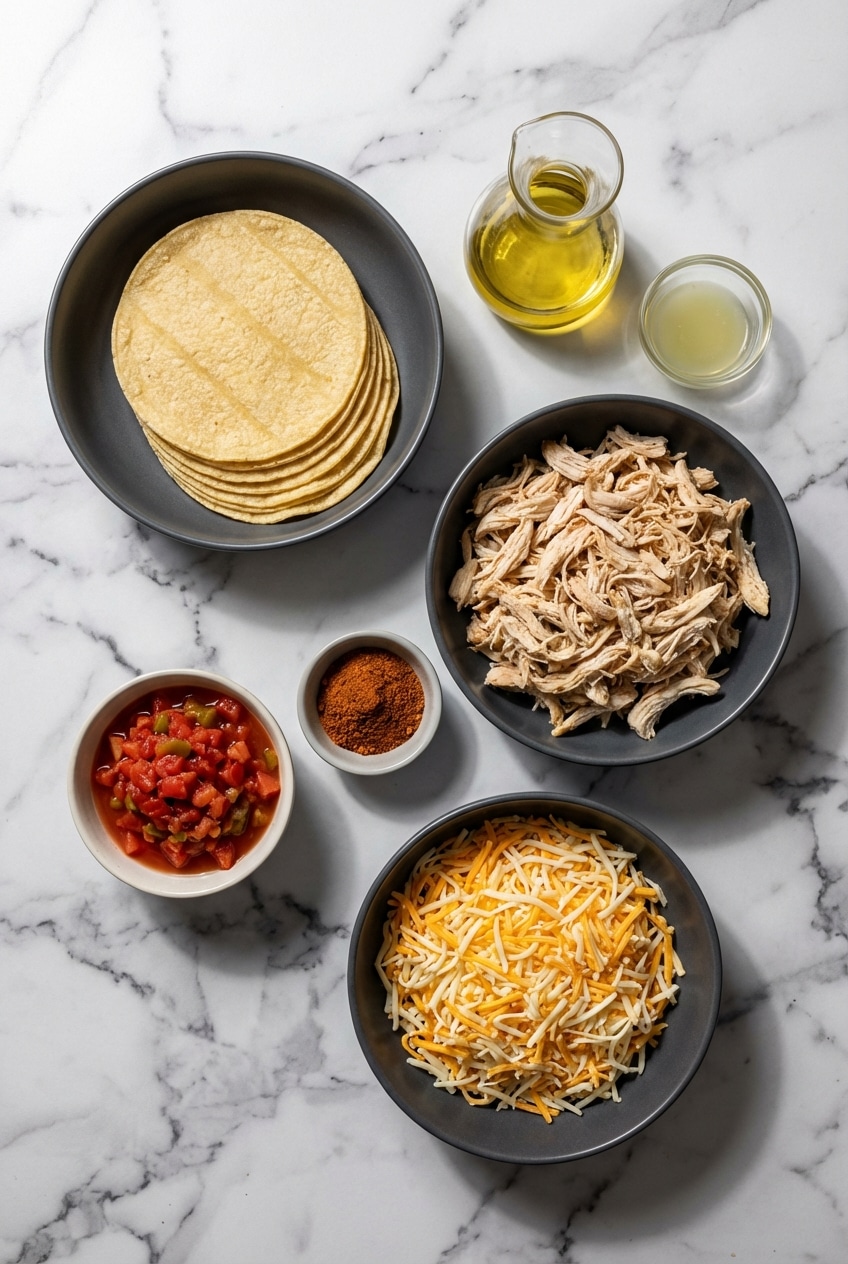 Ingredients for baked chicken tacos including corn tortillas, rotisserie chicken, Mexican blend cheese, and Rotel tomatoes.