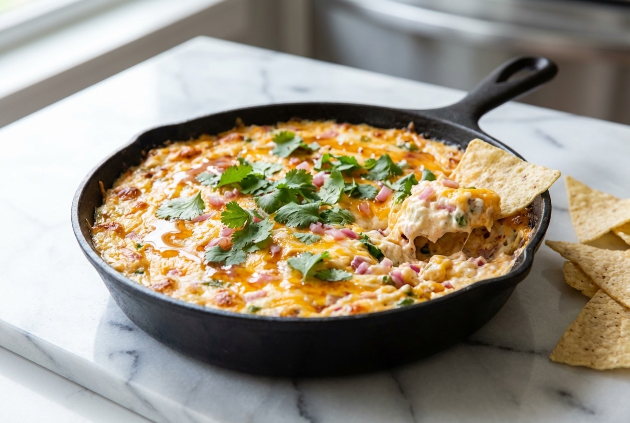 Creamy jalapeno popper dip in a skillet topped with melted cheese, crispy bacon, hot honey, and pickled red onions.
