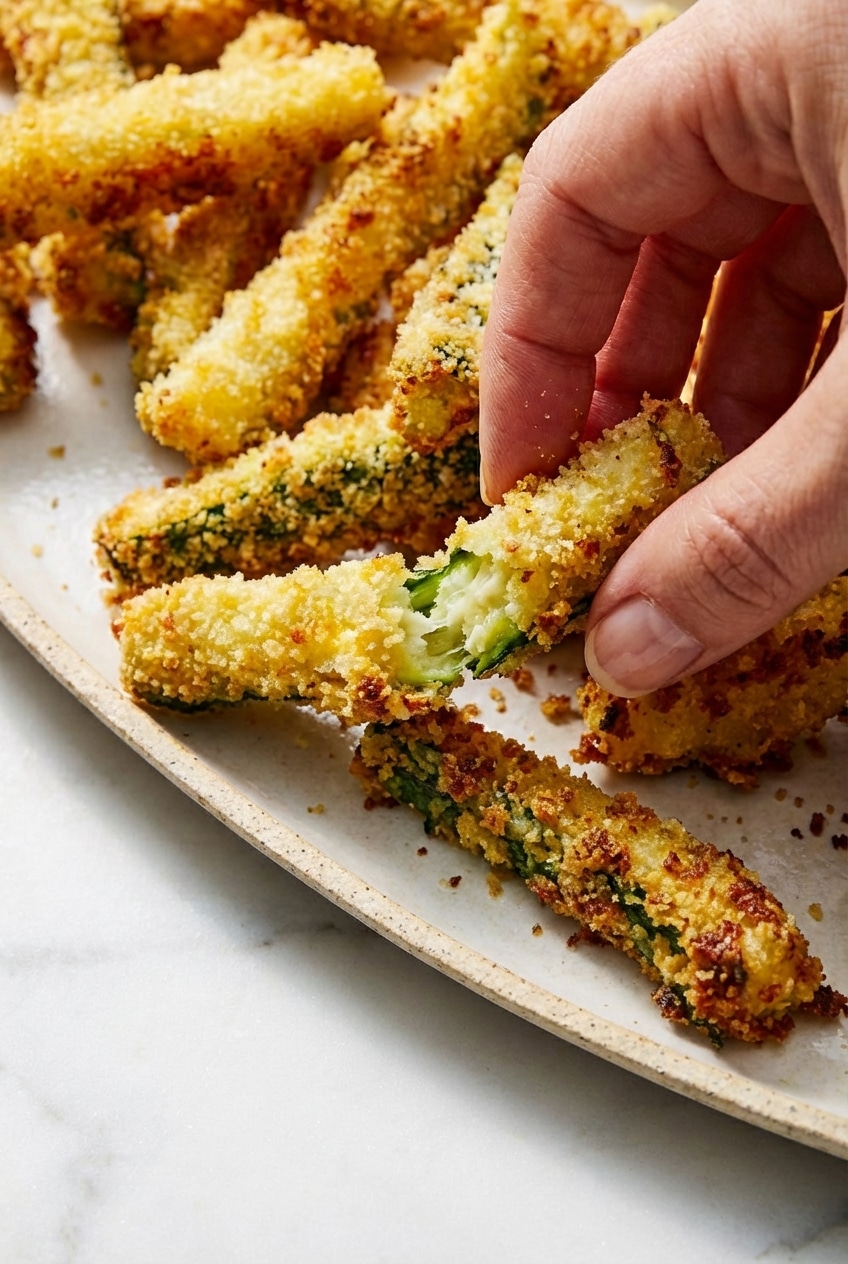 Baked zucchini fries spread on a baking sheet to ensure air circulation and a shatter-crisp texture.